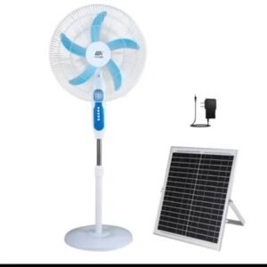 Ventilateur de plafond solaire 80cm avec télécommande, autonome 7h, pour coupures de courant au Gabon.